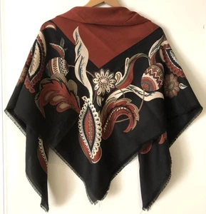 LARGE SCARF 46" Square * Made in Italy * Brown Black Floral Feathers - Picture 1 of 5