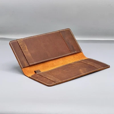 Cubierta de chequera de cuero hecha a mano de 9"" | Soporte plegable delgado de cuero de vaca | Regalo para él Foto 1 de 3
