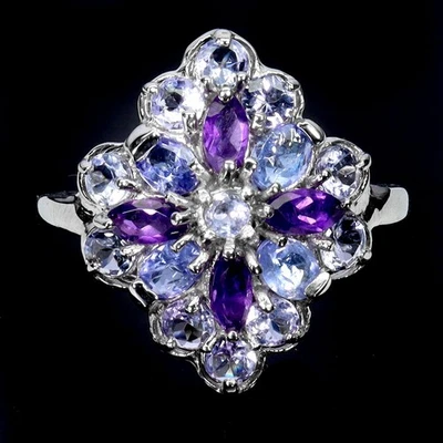 Кольцо из стерлингового серебра 925 пробы с драгоценным камнем маркизой аметистом танзанитом размер 8 - Изображение 1 из 4