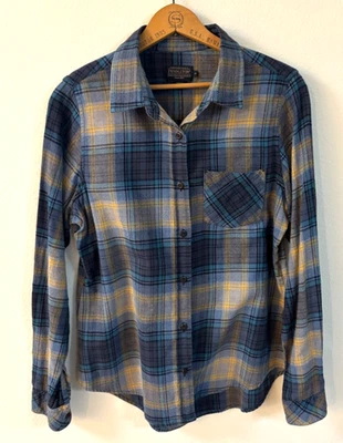 Vintage Pendleton Wool Shirt Womens Size MED Blue Gray Gold Plaid Flannel Soft - Image 1 of 4