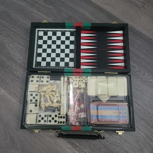 Juego de dominó de ajedrez de backgammon vintage estuche plegable de cuero sintético negro China - Imagen 1 de 5
