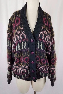 Cárdigan de gran tamaño tejido forrado diseño islandés suéter chaqueta para mujer M lana seda Foto 1 de 4