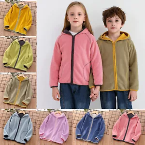 Toddler Boys Girls Long Sleeve Fleece Coat Solid Full Zip Hoodie Jacket w/Pocket - Picture 1 of 35
