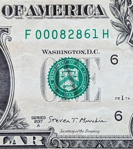 2017 A $1 bill fancy serial, birthday date note August 28, 1961. F 00082861 H - Picture 1 of 3
