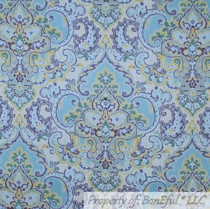 BonEful FABRIC FQ Cotton Decor White Blue Yellow Damask Flower Green Leaf Mask S - Picture 1 of 12