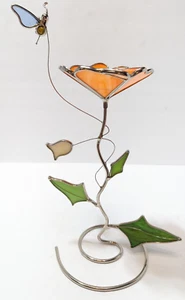 Vintage Stained Glass Suncatcher 14" Flower Butterfly Candle Holder Figure - Picture 1 of 19