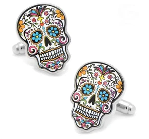 DAY OF THE DEAD SKULL Silver Colourful Polished Brass Cufflinks - Picture 1 of 2