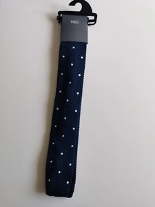 M&S Skinny Textured Knitted Square End Tie, Navy Spotted, Navy Plain - Picture 1 of 14