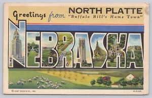 North Platte Nebraska, carta grande saludos, billete de Buffalo, postal vintage - Imagen 1 de 2