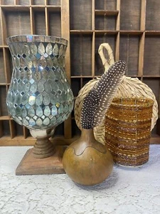 BOHO Glam Vignette Mosaic Glass Hurricane Beaded Pencil Holder Carved Gourd Vase - Picture 1 of 7