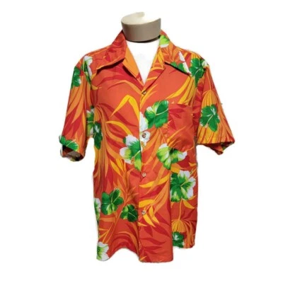 Camisa GVH Estampado Hawaiano Para Hombre Botón Naranja Verde Talla M, Hecha en Hawai Años 60 Foto 1 de 4