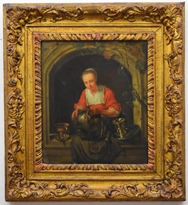 Attributed to Gabriel Metsu. A maid scouring pans. Original Oil on panel, c1660 - Picture 1 of 13