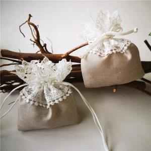 10 Pcs - Cotton Drawstring Pouches with White Lace, Favor Bags, Jewelry Pouch - Picture 1 of 10