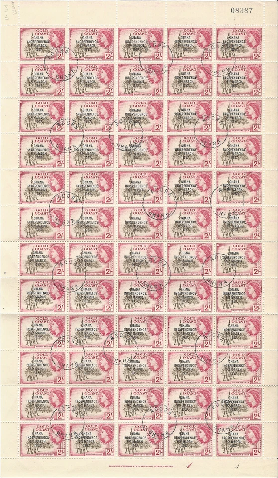 1957 GHANA STAMPS #11 SHEET GOLD COAST OVERPRINTS CTO CANCELS QUEEN ELIZABETH II - Image 1 of 2