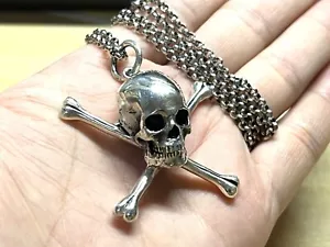 Solid 925 Sterling Silver Mens Heavy Skull Bone Pendant Chain Necklace - Picture 1 of 10