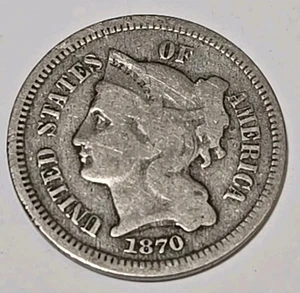 1870 3CN Three Cent Coin 🇺🇸 US Mint [ VG Very Good ] - Picture 1 of 4