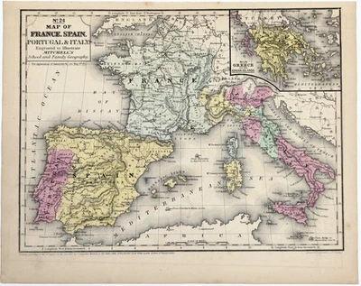 ANTIQUE  1852  ITALY - SPAIN - PORTUGAL - FRANCE Map ORIGINAL (10X8)  GREECE - Image 1 of 3