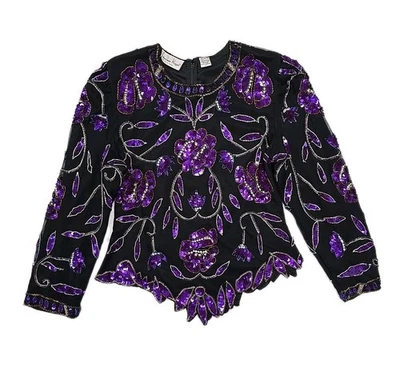 Top De Colección Laurence Kazar New York Glam SEDA Lentejuelas Cuentas Talla XL Negro Púrpura Foto 1 de 4