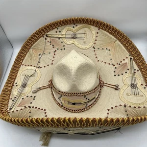 Vintage Calidad Mariachi Sombrero Gitarrenmotiv Southwestern Hut beige/gold - Bild 1 von 15