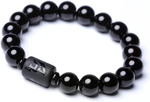 Natural Obsidian 10mm Bead Bracelet, Phoenix Totem Center, Stretch Unisex - Picture 1 of 3
