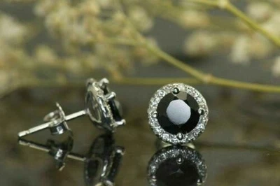 2.50 Ct Round Cut Natural Sapphire Diamond Earring 14K Solid White Gold stud - Image 1 of 4