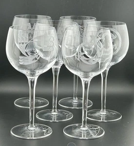 Perry Coyle Signed Etched Crystal Wine Glasses Navajo Animal Symbols Set of 6 - Picture 1 of 8