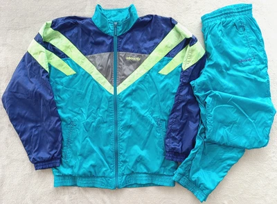 Adidas vintage 90s Green Color Block Nylon Track Tracksuit Jacket + Pants size M - Image 1 of 4