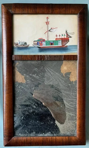 19th Century Period American Mirror with Folky “Chinese Junk” Painting Cover