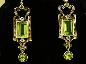 E133 Genuine 9ct Yellow Gold NATURAL Peridot & Pink Tourmaline Drop Earrings - Picture 1 of 6