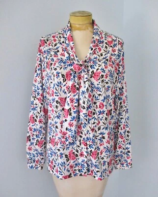 Vtg 60s 70s Blue Pink Black Floral Satin Knit Secretary Blouse Top Pussy Bow L - Image 1 of 4