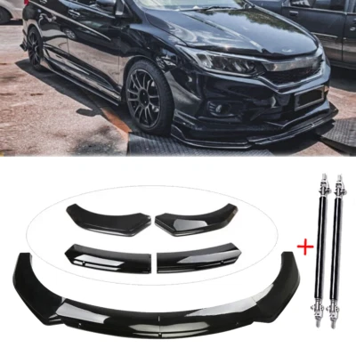 For Honda City 2010-22 Front Bumper Lip Spoiler With Strut Rod Glossy Black Body Foto 1 de 4