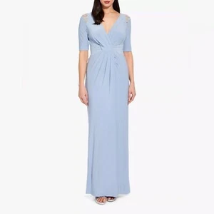 NWOT Adrianna Papell Blue Embellished Faux Wrap V-neck Jersey Maxi Dress SZ 12 - Picture 1 of 6