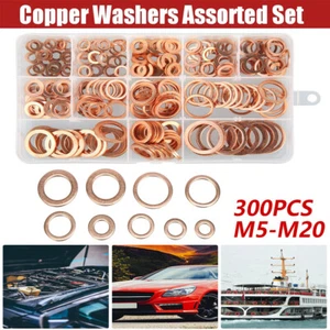 300Pcs M5-M20 Copper Crush Washer Gasket Set Flat Ring Seal Assortment Kit - Picture 1 of 11