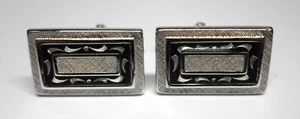 Vintage SWANK CUFFLINKS - SILVER & BLACK w/ Bright Cut Designs - Picture 1 of 5
