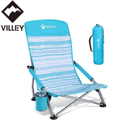 Cadeira de praia VILLEY baixa encosto alto dobrável cadeira de praia azul com suporte para copo bolsa de transporte - Imagem 1 de 4
