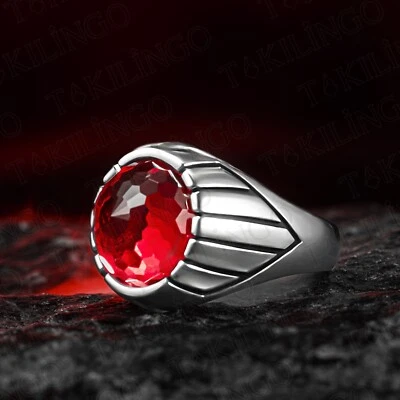 Anillo redondo de circón rojo 925 de plata esterlina con circón de hombre con diseño de línea Foto 1 de 4