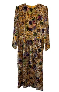 Vintage Velvet Burnout Orange Purple Longsleeve Maxi Dress L Artsy Gypsy Boho - Picture 1 of 20