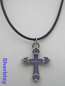 Harvey Lewis Lavender Enamel Christian Cross Pendant Black Cord Necklace - Picture 1 of 4