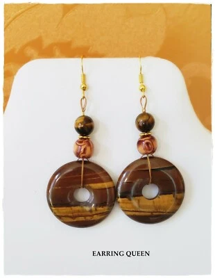 Tiger Iron & Tiger Eye Gemstone Earrings, Gold & Brown Earrings - Image 1 of 4