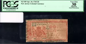 New Jersey Colonial Note Fr#NJ-169 April 16, 1764 6P PMG 30 *Red & Blue* - Picture 1 of 4