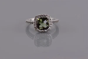 Anillo de plata esterlina facetado cojín peridoto verde halo acentuado banda 925 talla: 5 - Imagen 1 de 7