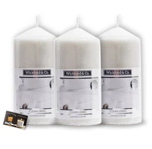 3x Wickford & Co Scented Pillar Candle Fresh Linen - Picture 1 of 6
