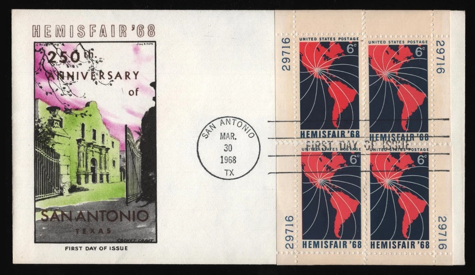 #1340 6c Hemisfair '68-Placa # 29716 Todas las Posiciones, Cachet Craft H/C FDC Foto 1 de 1
