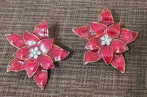Vintage Eisenberg Eis Ohrclips Emaille Strass Weihnachtsstern rote Blume - Bild 1 von 4