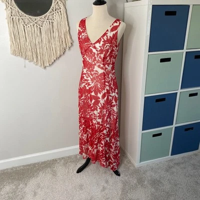Maxi Vestido Largo Vintage 100% Seda Maggy London Rojo Tropical Floral Sin Mangas 8 Foto 1 de 4