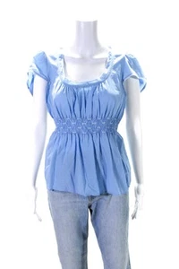Edme & Esyllte Anthropologie Womens Short Sleeve Scoop Neck Smocked Top Blue 8 - Picture 1 of 5