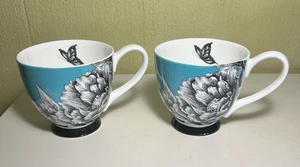 2-PORTOBELLO INSPIRE TURQUOISE BLACK FLORAL FOOTED BONE CHINA MUG Butterfly - Picture 1 of 9