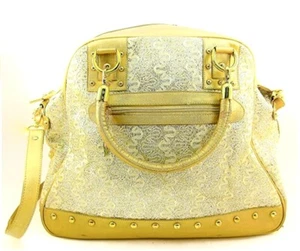 Golden Leather Tote Bag,Gold Glitter Weave,Leather Straps,Zipper,17"x15"x8" - Picture 1 of 5
