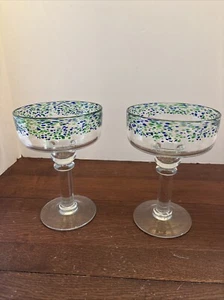 Set 2 bicchieri artistici messicani soffiati a mano confetti verde mare/blu oceano margarita - Foto 1 di 7