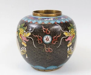 Antiguo/Vintage Chino Cloisonne 6" Negro Jengibre Tarro Dragón y Perla Llameante - Imagen 1 de 14